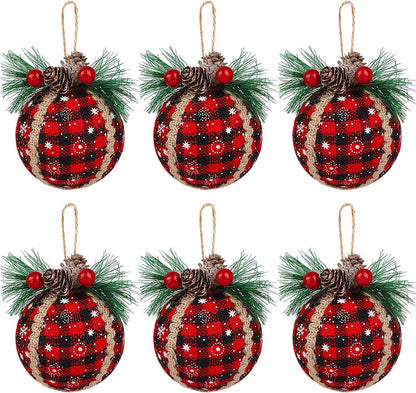 Iceyyyy 6PCS Christmas Plaid Ball Ornaments - 2 Inch Black & Red Buffalo Plaid Fabric Ball Ornaments with Pine Cones and Greenery, Plaid Christmas Tree Hanging Ball Ornaments Festive Decoration
