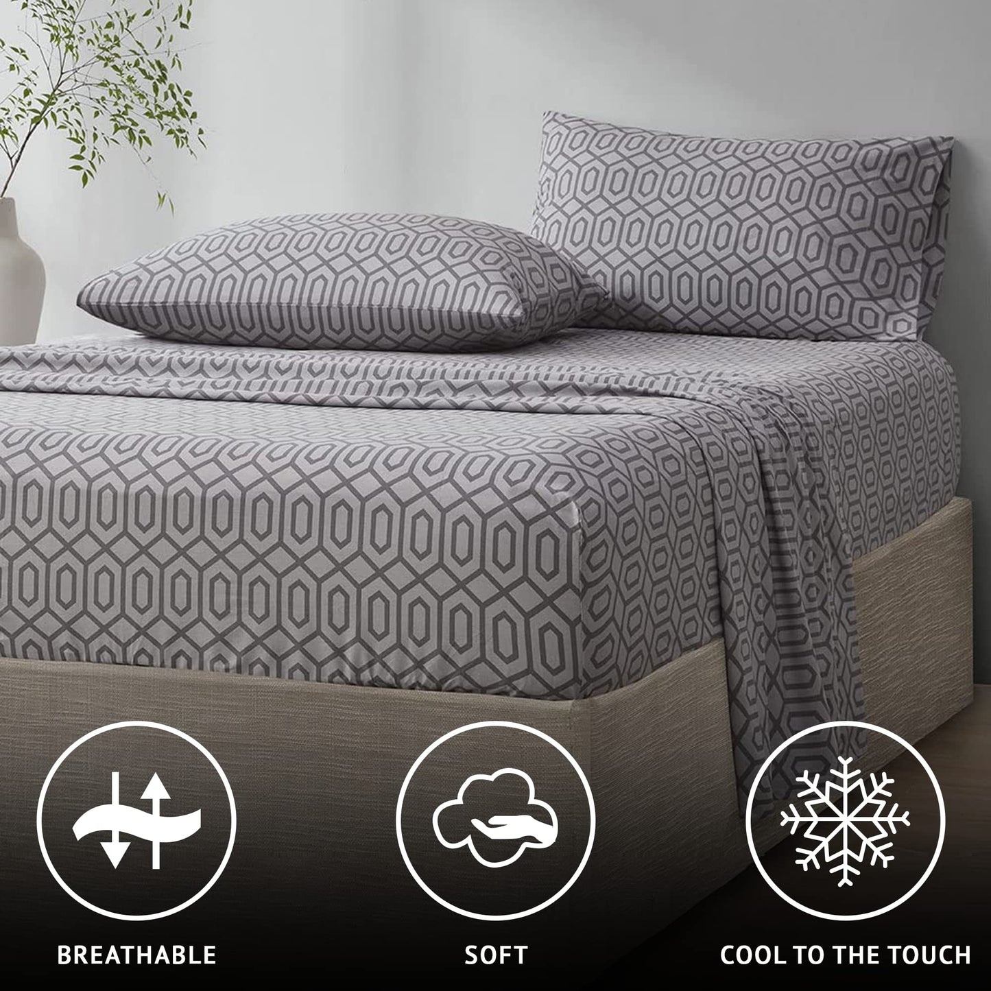 Comfort Spaces 100% Cotton Sheet Set Breathable, Lightweight, Soft with 14" Elastic Pocket Fits up to 16" Mattress, All Season Cozy Bedding, Matching Pillow Case, King Diamond Sliver 4 Piece