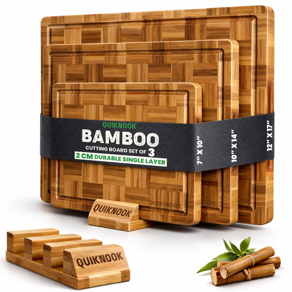 Pack of 3 Pre-Oiled Bamboo Cutting Board Set with holder | Extra Thick End Grain Bamboo Wooden Cutting Board for kitchen with Deep Juice Grooves | Non Toxic Chopping Board Set with Build-in Handles