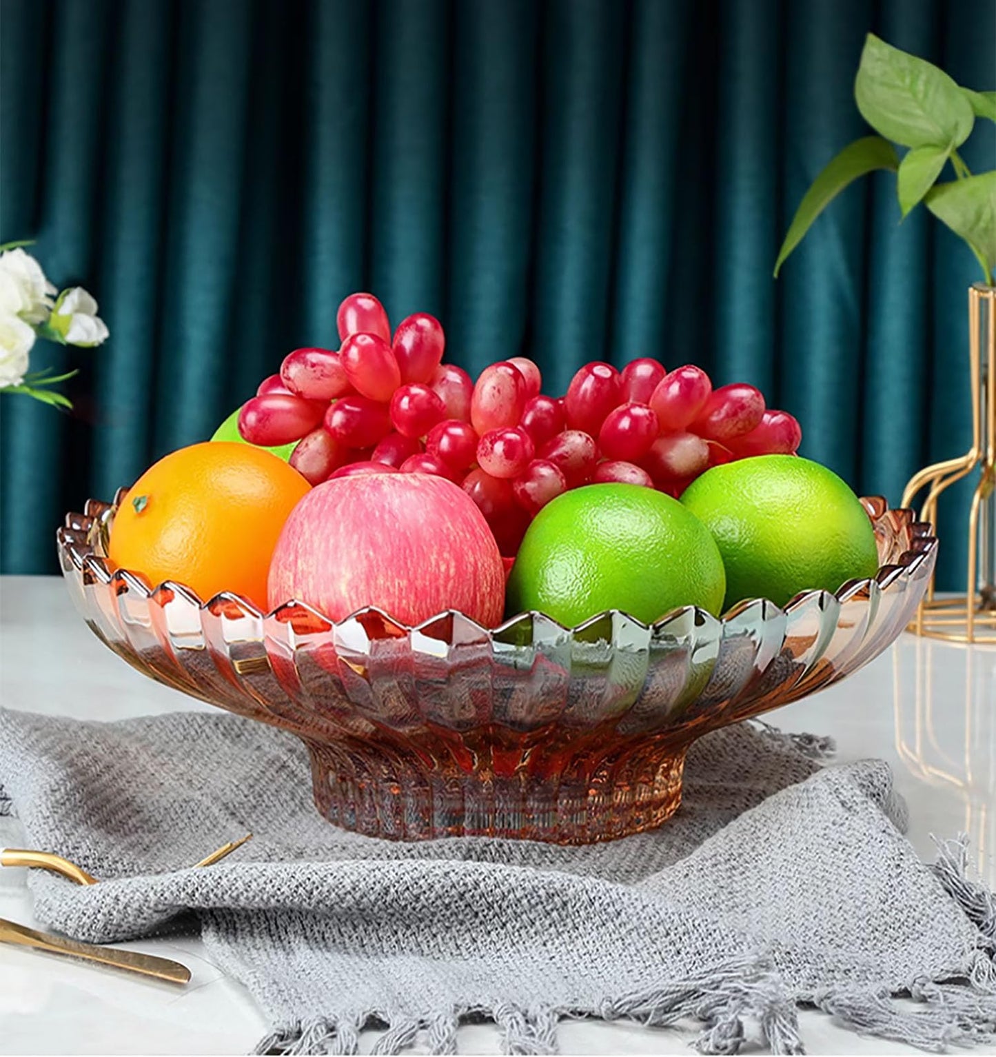 Rxcvkmw Glass Fruit Bowl or Decorative Bowl, used for Kitchen counter or living room center table decoration, 12.5 inch Fruit Bowl or Center Bowl (Amber)