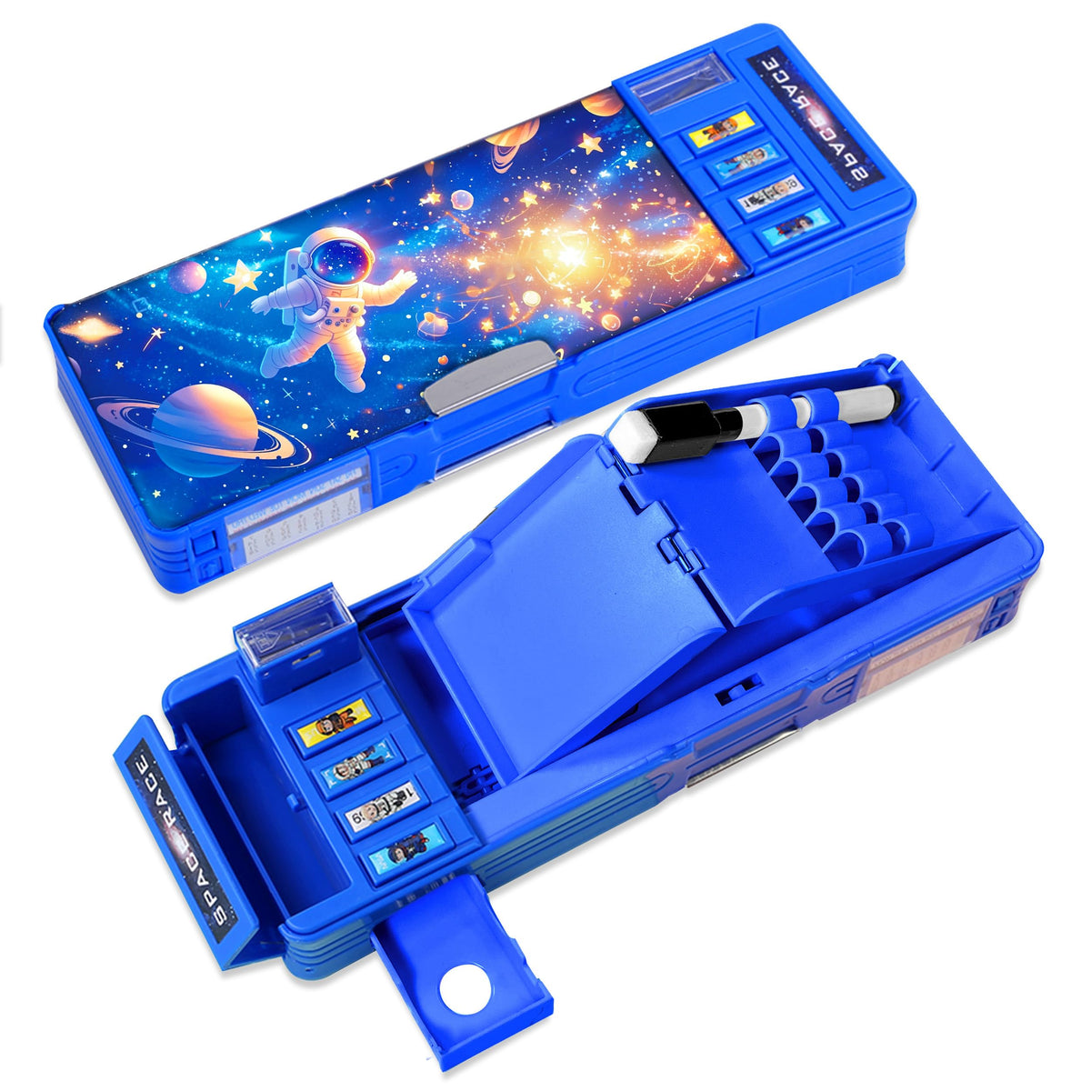 LilyBeauty Pop Up Multifunction Pencil Case for Girls and Boys, Cute Cartoon Pen Box Organizer Stationery, Sharpener, Schedule, Whiteboard, School Supplies, Best Gifts for Kids (Blue Space)