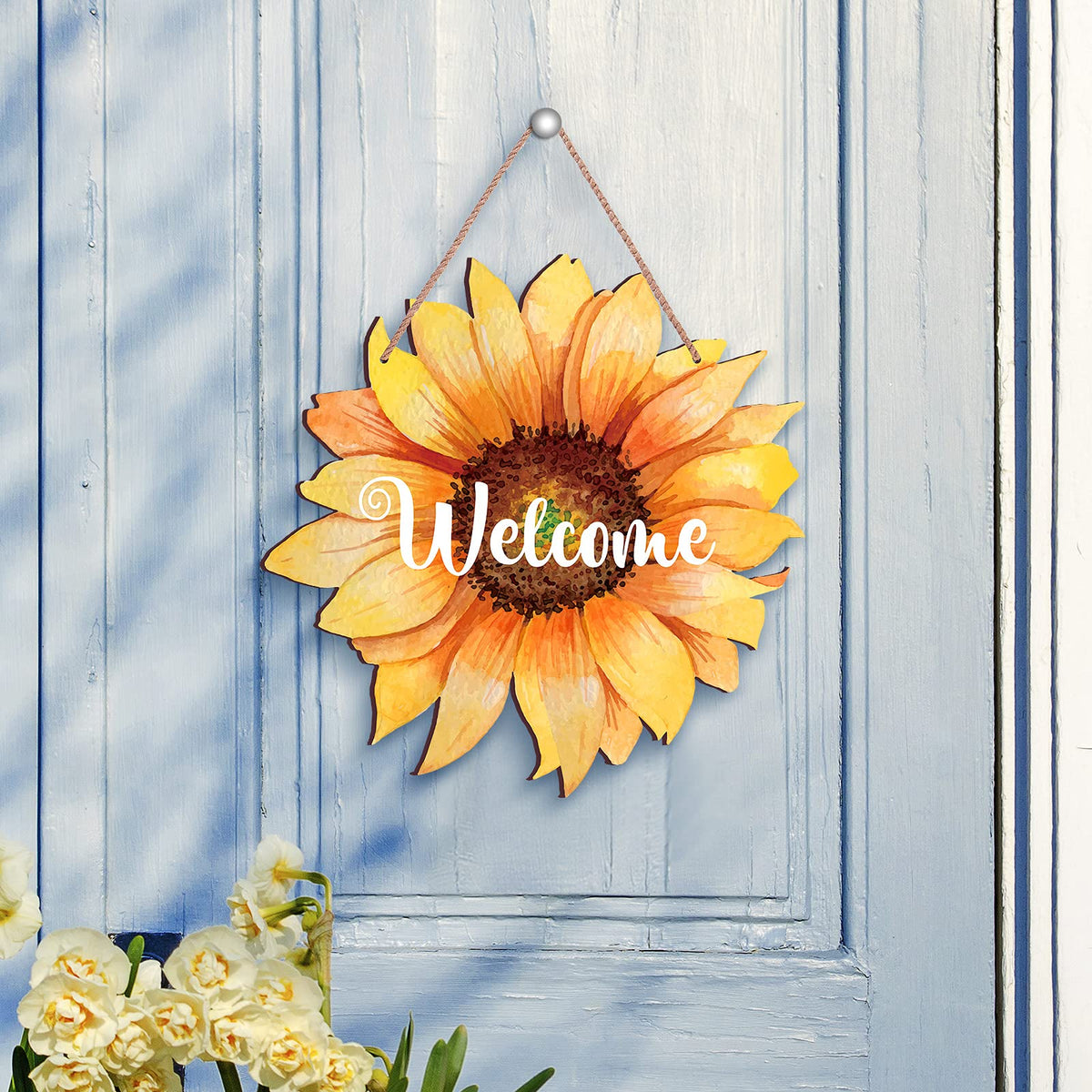 Sunflower Welcome Wood Door Hanger 12 Inch