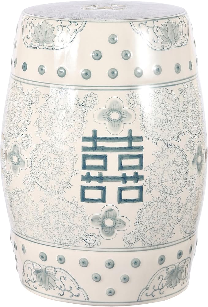 JONATHAN Y TBL1013C Double Happiness 18" Chinoiserie Ceramic Drum Indoor/Outdoor Garden Stool Bohemian, Coastal, Classic, Cottage, Traditional, Patio, Garden, Bathroom, Living Room, Gray Blue/White