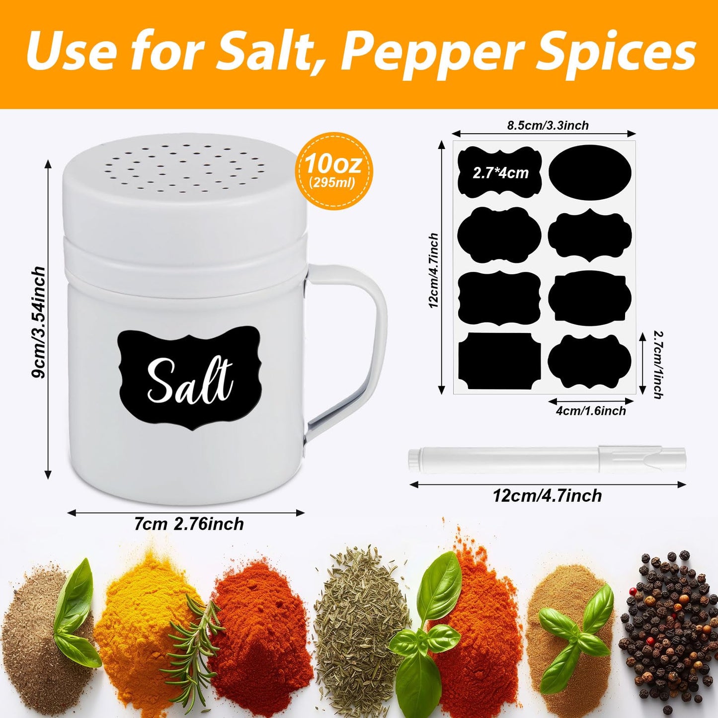 Acellegic 2 Pcs 10oz Stainless Steel Dredge Shaker Salt and Pepper Shakers with Handle and Plastic Cap Kitchen Spice Bottles Household Seasoning Jar For Salt Spice Sugar Flour