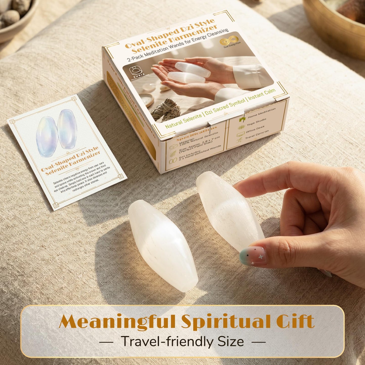 Zuria Selenite Wands Oval-Shaped Dzi Style Selenite Crystal Wands for Negative Energy Removal, Activating Crown & Third Eye Chakra, Crystal Gift for Spiritual Reiki Meditation Home Office, 2-Pack