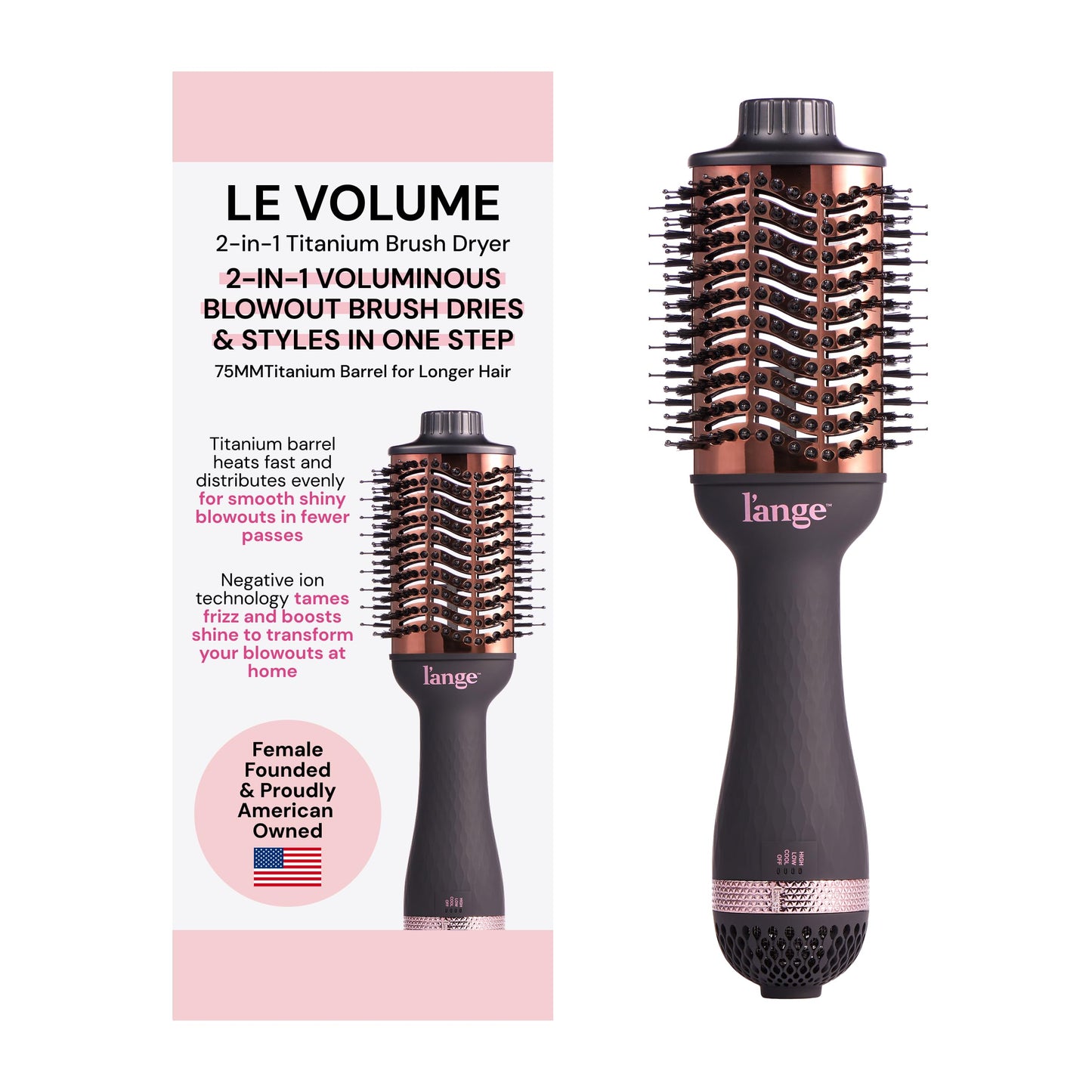 L'ANGE HAIR Le Volume 2-in-1 Titanium Blow Dryer Brush | Hot Air Brush for Hair Drying & Styling | Ionic Oval Barrel for Smooth, Frizz-Free Volume | (Blush – 75mm)