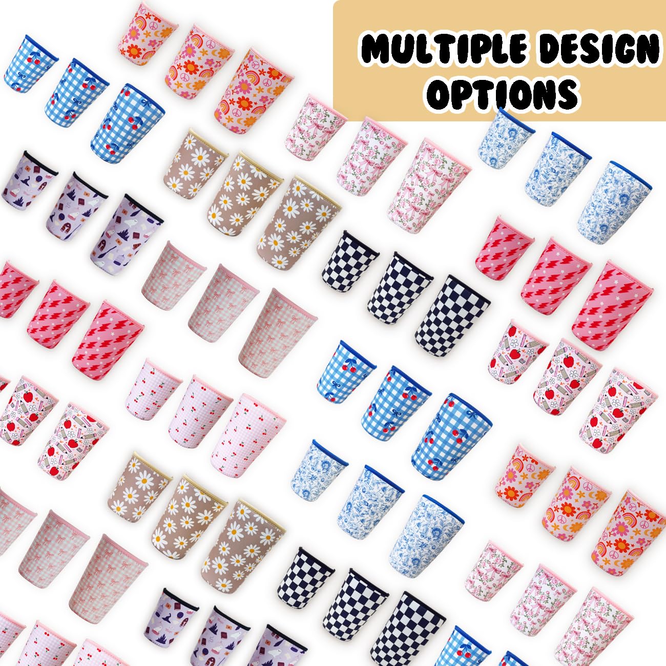 Reusable Insulated Neoprene Iced Coffee Cup Sleeve, Durable Drink Sleeve for Cold Beverages, Beverage Holder for Iced Coffee, Checker Grid