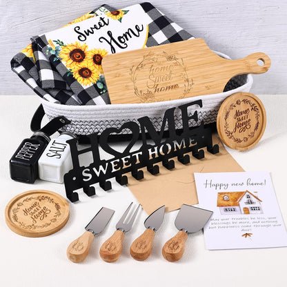 14 Pcs House Warming Gift New Home Gift Basket with Bamboo Serving Board, Dish Towels, Cheese Knife Set, Key Holder for Couples Women Men Clients, Closing Gift for Home Buyers, New Homeowner