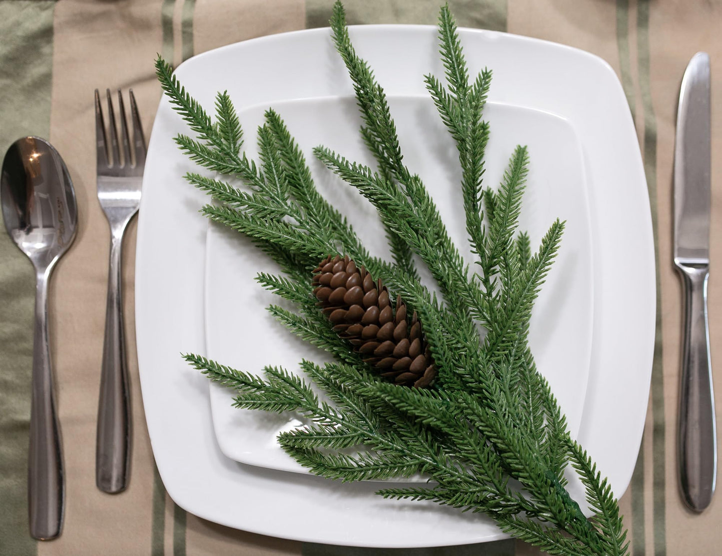 florisso Artificial Christmas Norfolk Pine Stems Branches for Vases,12 Bundles Faux Pine Branches with 5 PCS Big Pinecones Stems Fake Greenery Evergreen Real Touch for Holiday Winter Table Xmas Decor