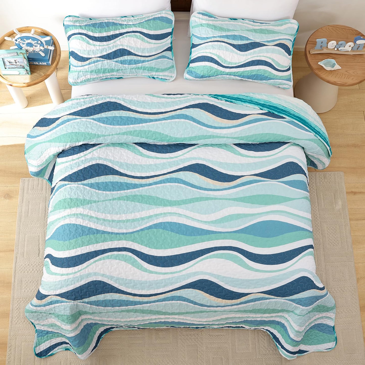 DJY Green Seawaves Ocean Quilt Set King Coastal Beach Theme Quilt Coverlet Soft Microfiber Reversible Bedspread with 2 Pillow Shams 3 Pieces Nautical Stripe Bedding Quilt for All Season 104"x90"