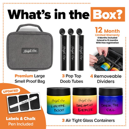 Moonlight Haze Smell Proof Bag With Activated Carbon Lining And Accessories - Smell Proof Box Gift Set With 3 Child Resistant Glass Jars And 3 Storage Tubes. Gift For Men And Women.