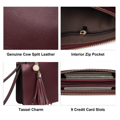 befen Wristlet Bags Women's Genuine Leather Wristlet Clutch Cell Phone Bag Ladies Purse with Tassel Wrist Strap & Card Slots, Zip Pocket Coins Compartment
