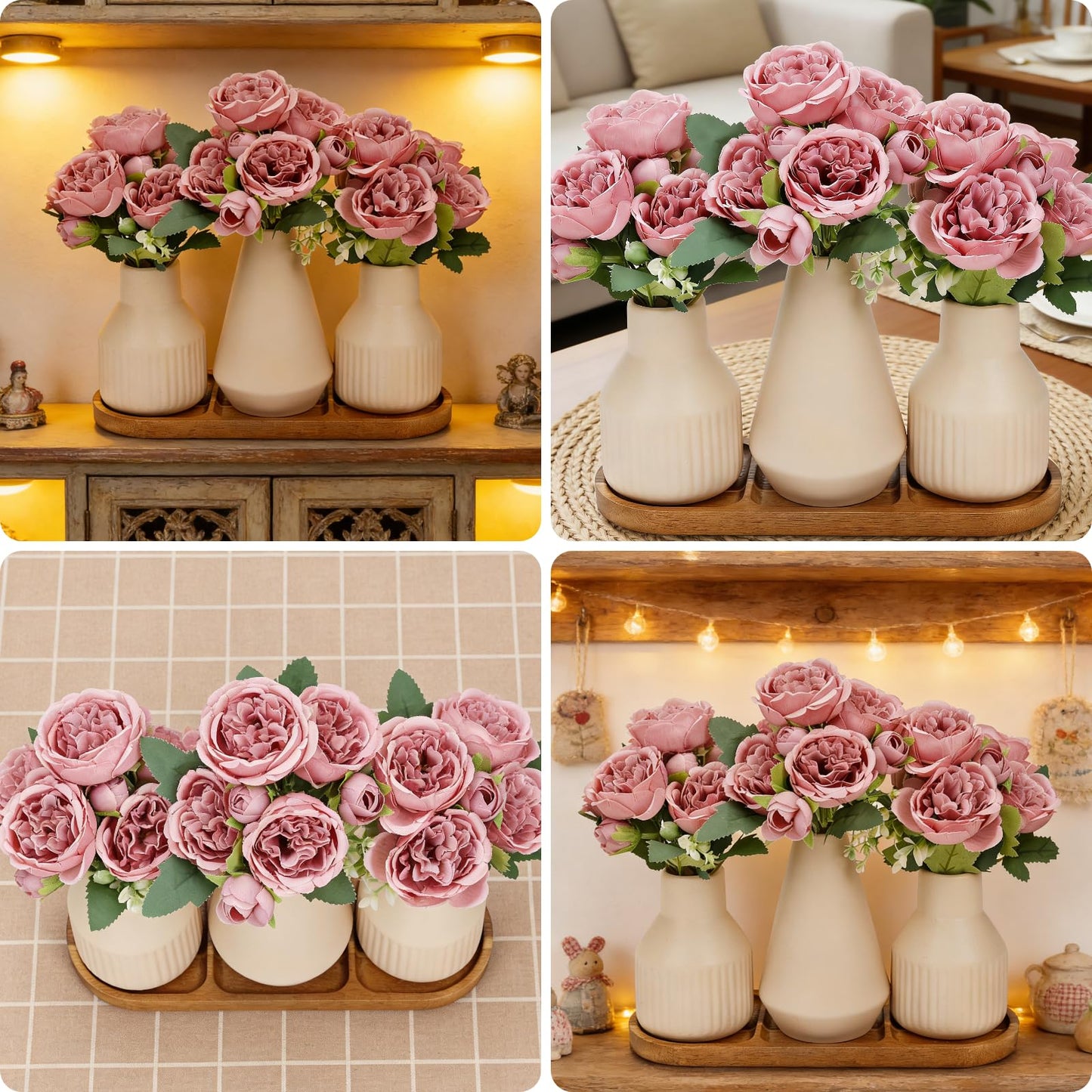 Nagobi Flower Table Centerpiece - Dining Table Centerpiece Decor Set of 3 Fake Peonies in Ceramic Vases & Wood Tray Modern for Kitchen Island Living Room Coffee Table Home Decor (Dusty Pink)