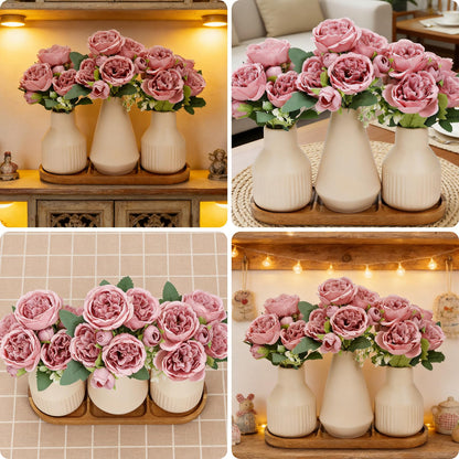 Nagobi Flower Table Centerpiece - Dining Table Centerpiece Decor Set of 3 Fake Peonies in Ceramic Vases & Wood Tray Modern for Kitchen Island Living Room Coffee Table Home Decor (Dusty Pink)