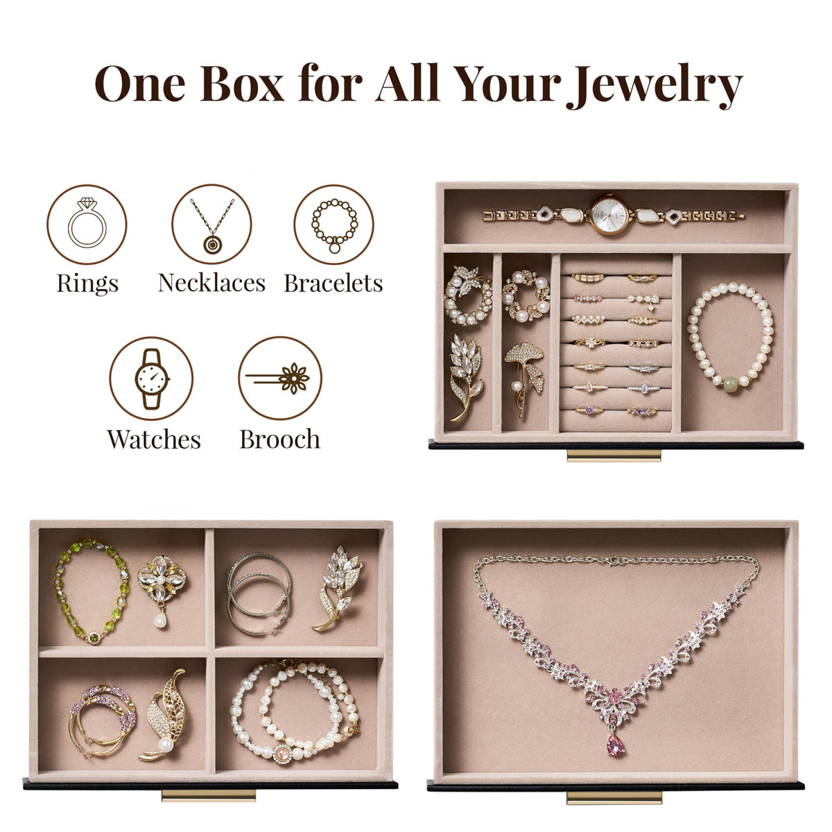 pickpiff Jewelry Box Organizer Case for Women: 3-Layer Jewelry Storage Case with Glass Window, Black Leather with Blush Velvet, Holder for Ring Necklace Bracelet Brooch Watch, Great Gift for Her