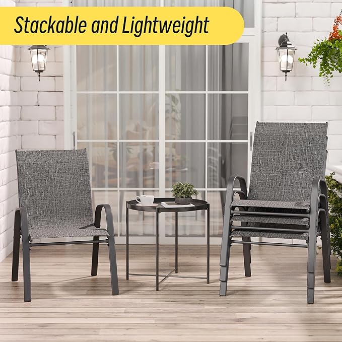 Betterhood Patio Chairs Set of 2, Stackable Outdoor Dining Chairs Set with Breathable Seat Fabric, All-Weather Powder-Coated Metal Frame for Deck, Pool Side and Backyard, 350LBS Capacity (Grey)
