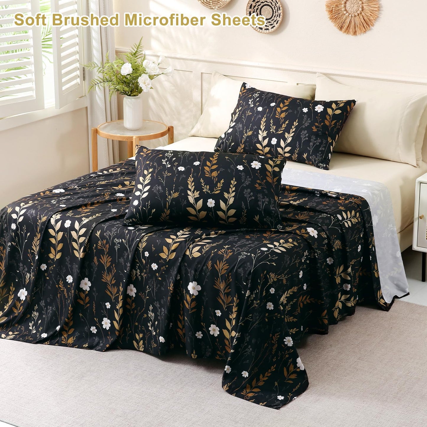 Botanical 6-Piece Queen Bed Sheets Set, Boho Floral Print Brushed Microfiber Sheets, Cooling Bed Sheet Set, Ultra Soft & Breathable, 16' Deep Pocket Fitted Sheet & Pillowcase Set, Beige Brown Leaves