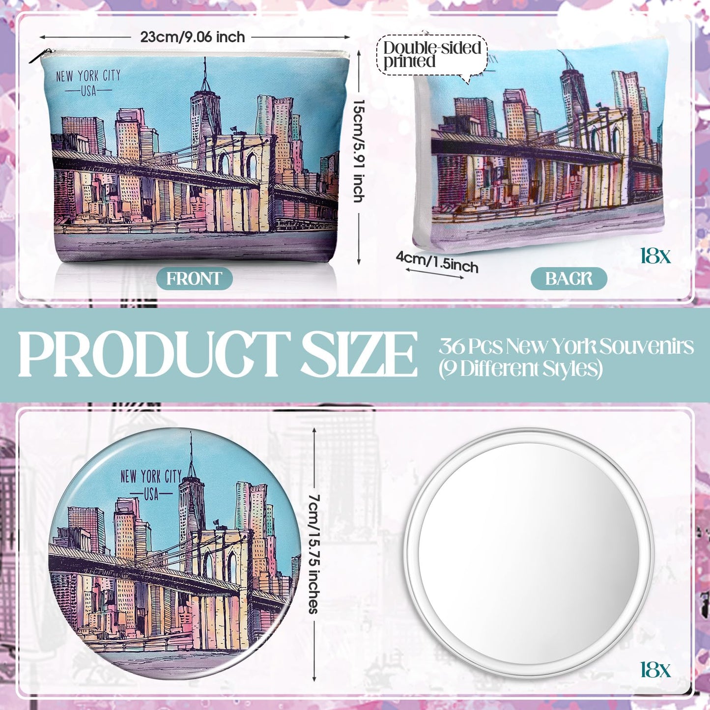 Bulyoou 36 Set New York Souvenirs Gifts Bulk City Cosmetic Bag Nyc Makeup Mirrors Souvenirs from USA Women New York Makeup Bag Birthday Party Favors Trip Journey Gifts for Friend Sisters