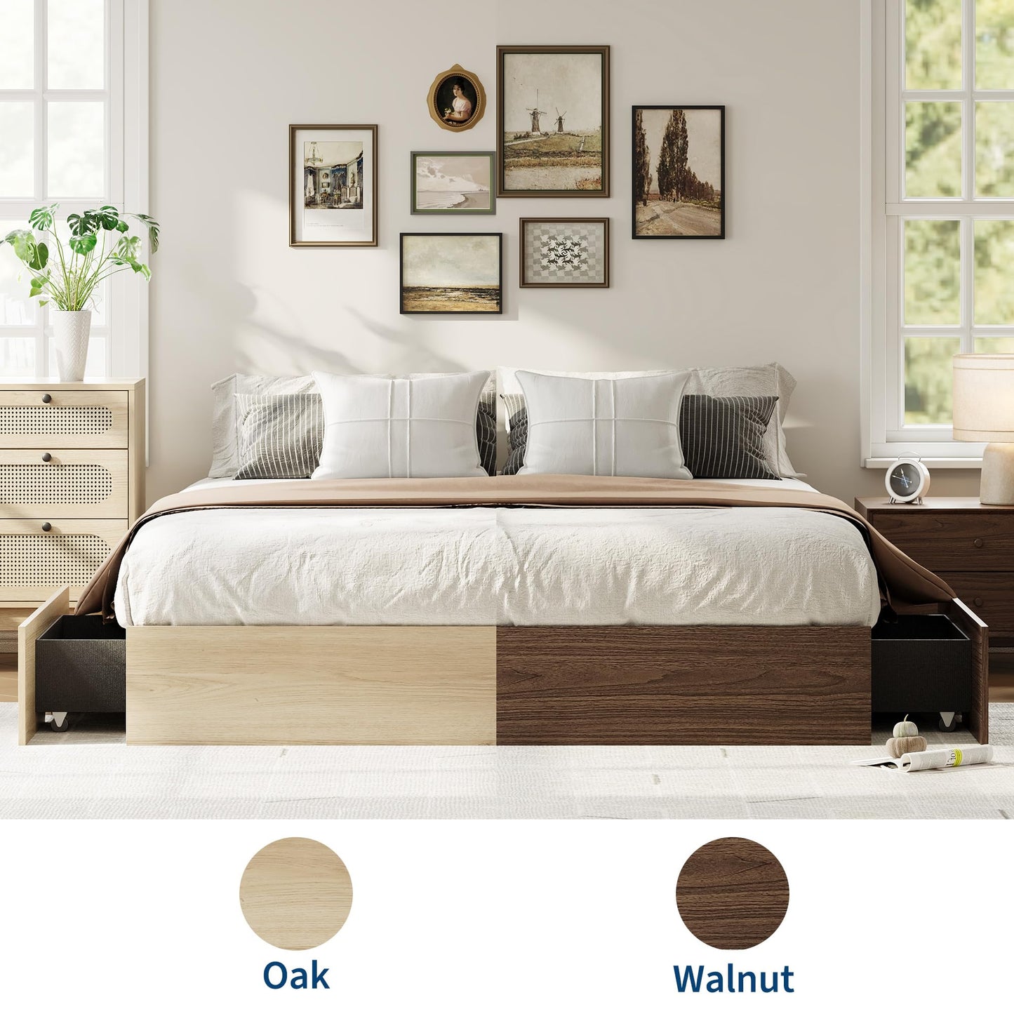 Garvee Queen Bed Frame with 2 Storage Drawers, Wood Platform Floor Bed Frame Without Headboard, Wood Slat Support, No Box Spring Needed, Easy Assembly