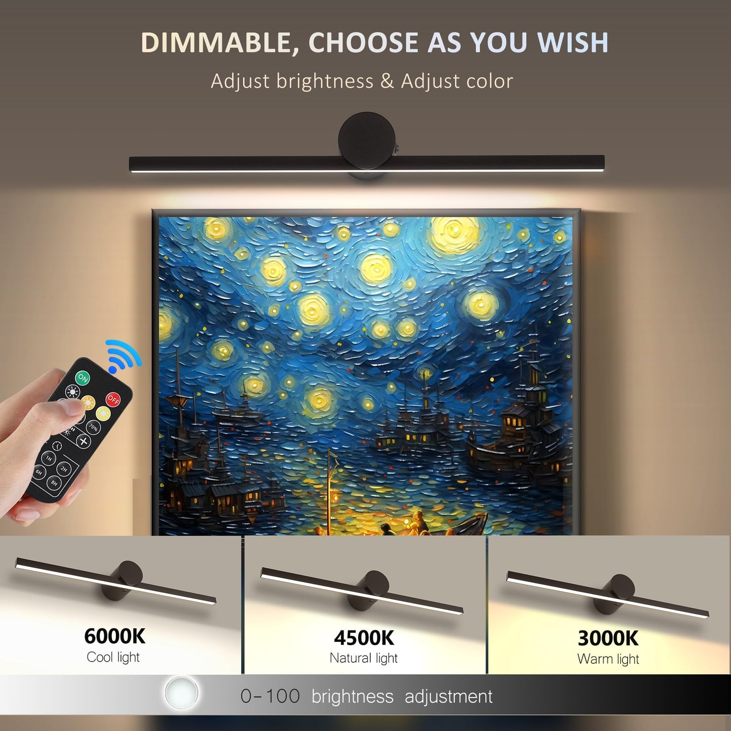 ZitoStory Battery Operated Picture Light with Remote,Wireless Dimmable Art Lights for Paintings Rechargeable Gallery Light Artwork Lighting for Canvas, Portrait (Black,20'' Inch)