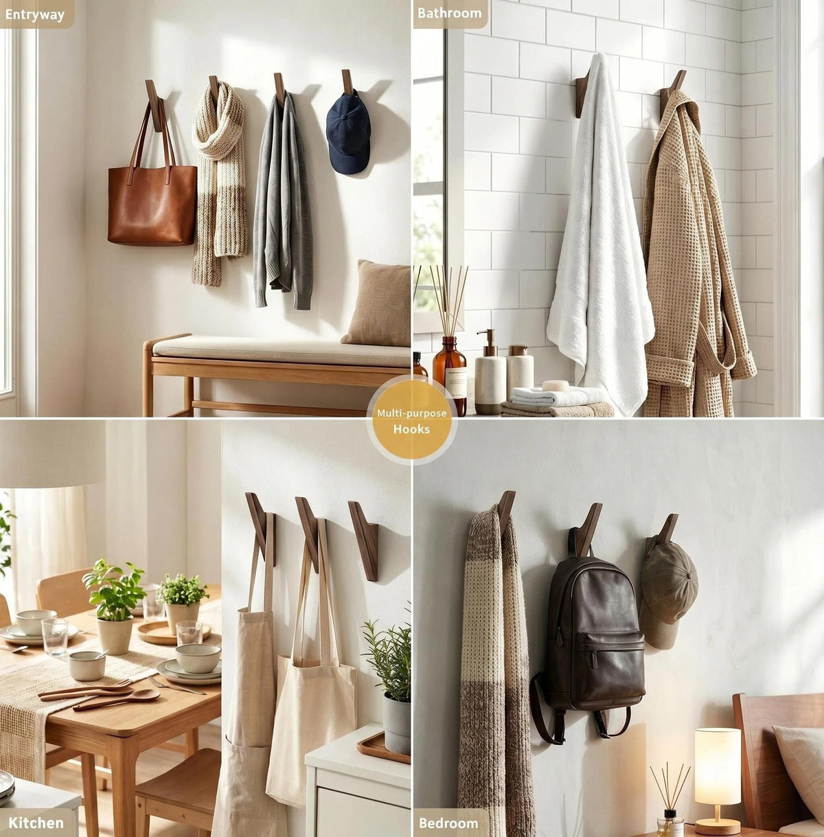 FCOWK Walnut Wood Wall Hooks - 4 Pack, Heavy Duty Coat Hooks Wall Mount for Entryway, Bathroom & Bedroom. Minimalist Wooden Wall Hooks for Hanging Coat, Hat, Bag, Towel, Backpack (Light Walnut)