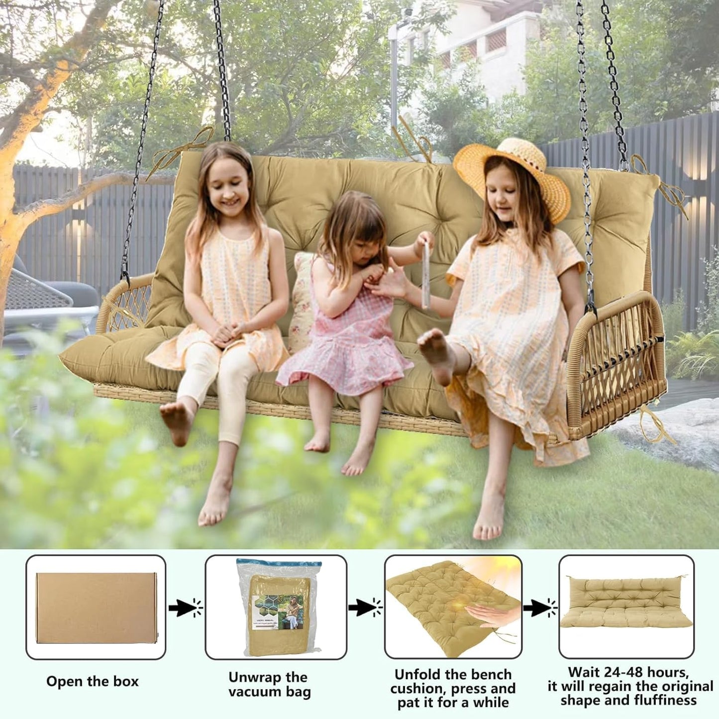 Longmu Living Porch Swing Cushions, Outdoor Swing Cushions 3 Seater Replacement with Backrest, Thickened Swing Cushion with Ties,Patio,Outdoor,Backyard and Gard (Khaki, 60 * 40 * 4 inches)