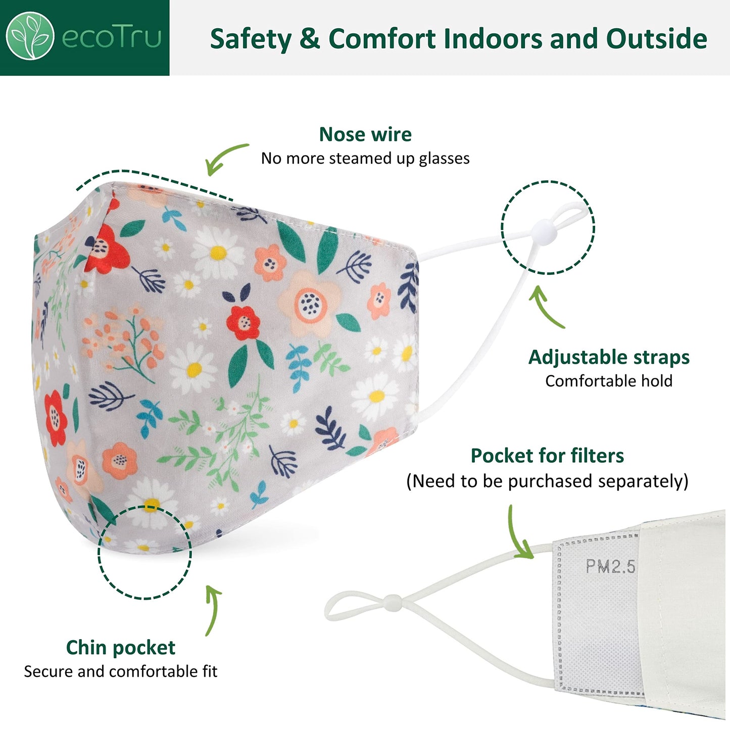 ecotru 5 Pack 100% Cotton, Reusable Face Masks UK | Washable, Nose Wire for Glass Wearers, 3-Ply Fabric Mask, Filter Pocket & Adjustable Straps | Pretty Facemask Coverings