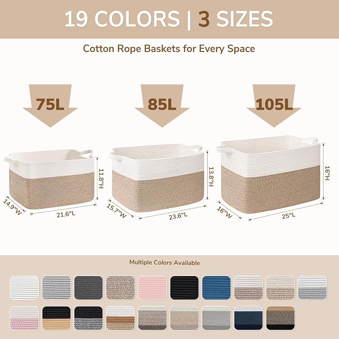 Goodpick 105L Extra Large Blanket Basket 25" x 16" x 16" Cotton Rope Storage Bins for Dirty Clothes, Rectangle Woven Laundry Basket for Living Room Bedroom, Toy Storage Baskets for Kids, Gray