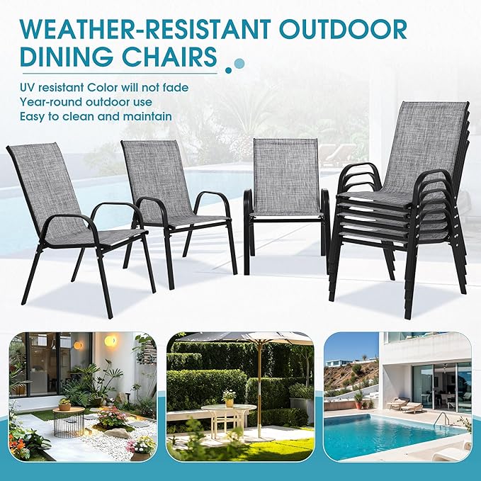 Outdoor Stackable Chairs Set of 8, Stacking Patio Chairs with Textilene Fabric, Outside Furniture for Garden Backyard Balconie Poolside Deck, Grey