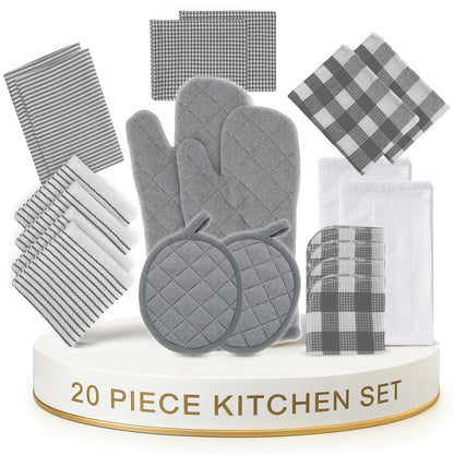 LANE LINEN Kitchen Towels and Oven Mitt Set 20 Pc - Lint Free Cotton Dish Towels for Kitchen Drying, Cozy Terry Dish Rags, Flour Sack Towels for Sourdough Bread Proofing & Quilted Pot Holders - Grey