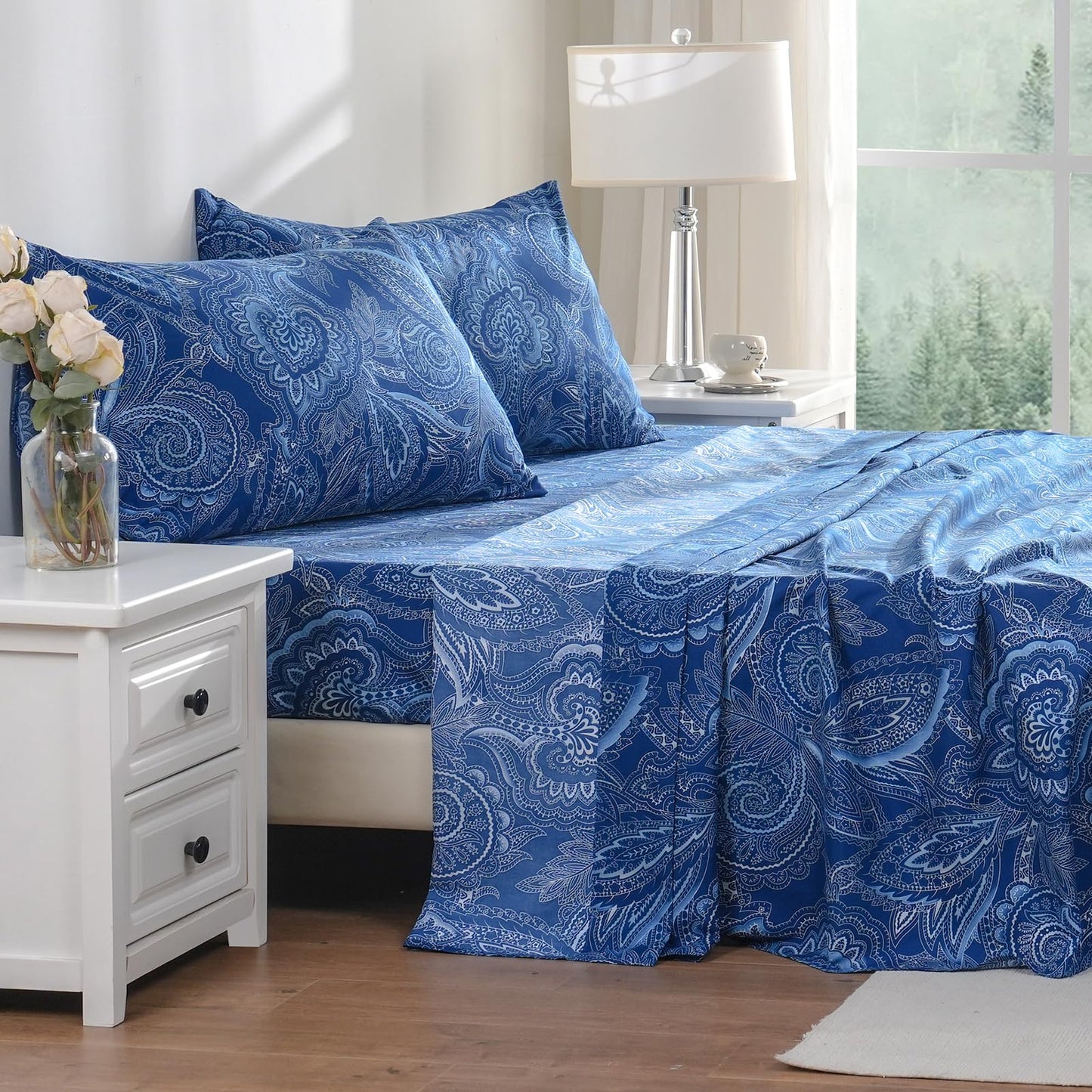 Bedlifes King Sheet Set Ultra Soft, Breathable, Silky Flower Deep Pocket 100% Microfiber Bedding, 4 Piece King Size Paisley Dark Navy Blue