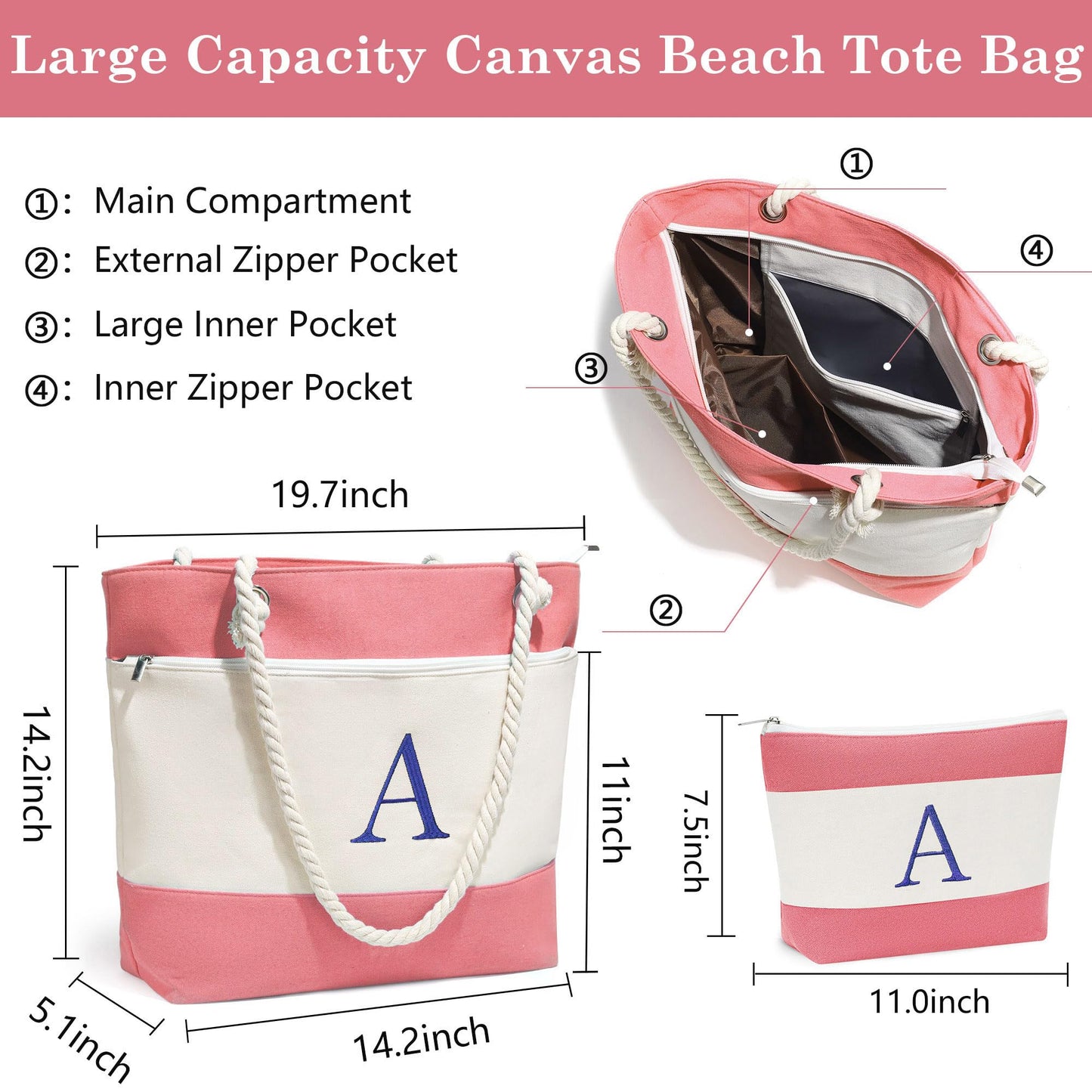 YOOLIFE Birthday Gifts for Women - Mothers Day Gifts, Beach Bags for Women, Pink Beach Bags Waterproof Sandproof Initial Canvas Tote Bag Mom Girlfriend Teacher Sister Friend Female Her Gift Idea A
