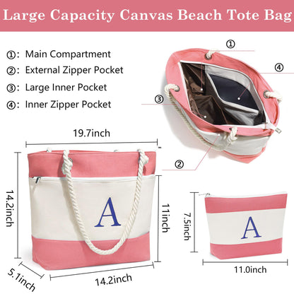 YOOLIFE Birthday Gifts for Women - Mothers Day Gifts, Beach Bags for Women, Pink Beach Bags Waterproof Sandproof Initial Canvas Tote Bag Mom Girlfriend Teacher Sister Friend Female Her Gift Idea A