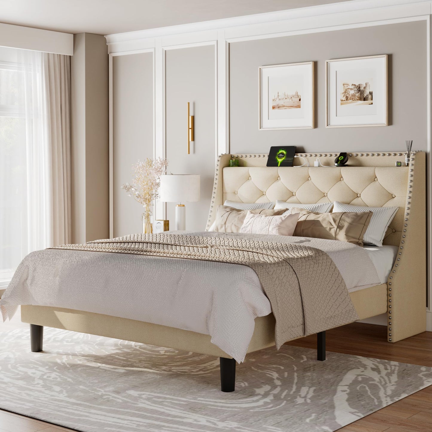 Feonase Queen Bed Frame with Luxury Wingback and Fast Charging Station,Queen Upholstered Button Tufted Storage Headboard Platform Bed,Sturdy Wooden Slats Support,Noise-Free,Easy Assembly, Beige