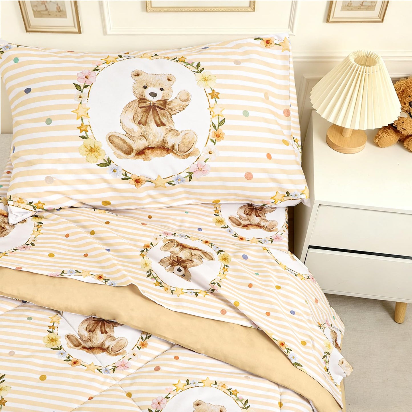Hooyax Toddler Bedding Set 4-Piece with Polka Dot Bear Pattern – Cute Toddler Comforter Set for Girl – Includes Ultra-Soft Comforter, Fitted Sheet, Flat Sheet & Pillowcase for All Season