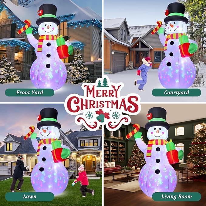 FunFanso 7FT Christmas Inflatable Snowman Outdoor Decoration, Giant Blow up Snowman Holds Candy and Gift Boxes, Built-in Rotating Colourful Lights for Yard, Garden, Patio, Lawn Xmas Holiday Decor