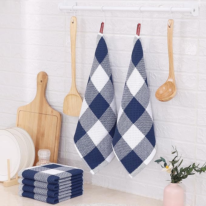 Homaxy 100% Cotton Waffle Weave Check Plaid Dish Cloths, 12 x 12 Inches