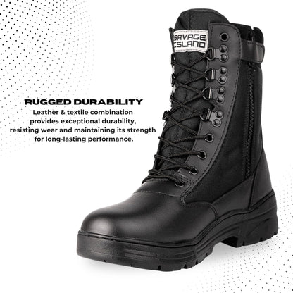 Savage Island Leather Side Zip & Lace Up Army Tactical Combat Boots Black for Work, Security, Motorcycle, Cadet
