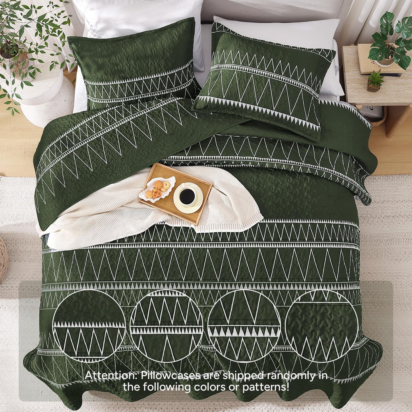 Andency Green California King Quilt Set, 3 Pieces Boho Lightweight Soft Striped Cal King Bedspread for All Season (112"x104"), Printed Bohemian Polyester Reversible Coverlet Comforter Sets