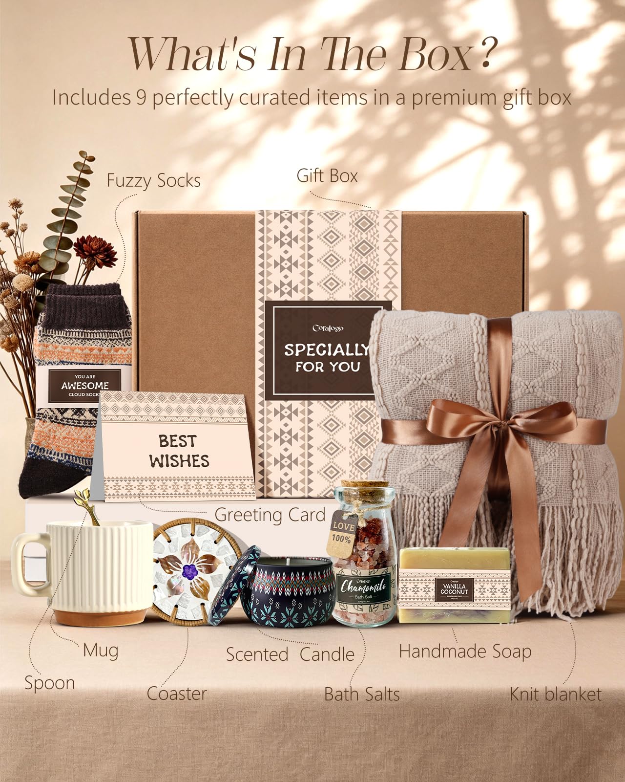 Coralogo Mothers Day Gift Bakset for Women - Unique Spa Bohemian Basket with Soft Blanket, Warm Socks, Blank Card, Boho Gifts for Women, Birthday, Mother's Day, Get Well, Self Care, Thinking of You