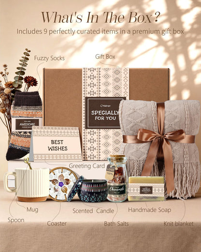 Coralogo Mothers Day Gift Bakset for Women - Unique Spa Bohemian Basket with Soft Blanket, Warm Socks, Blank Card, Boho Gifts for Women, Birthday, Mother's Day, Get Well, Self Care, Thinking of You