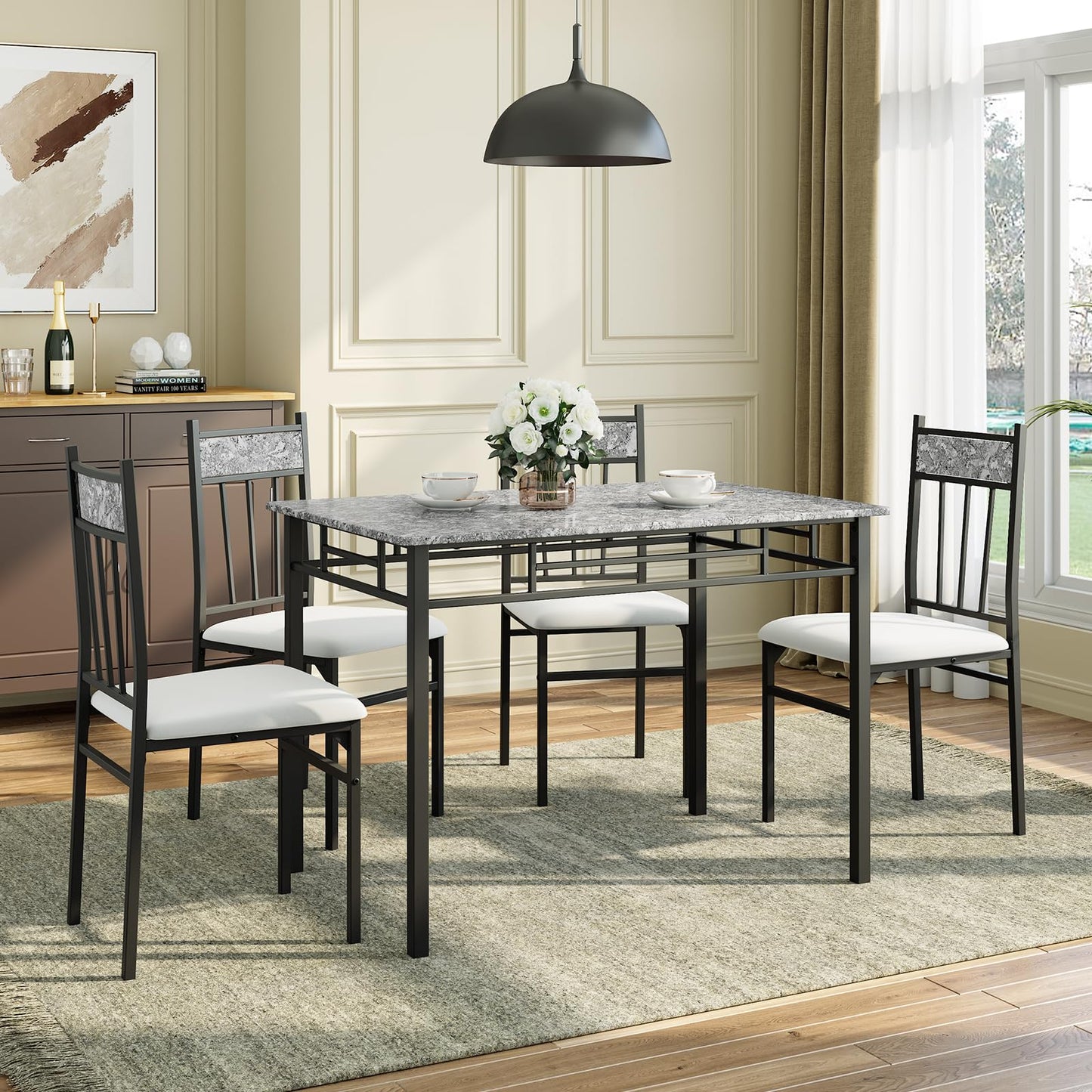 NAFORT 5 Piece Dining Table Set for 4, Faux Marble Kitchen Table and Chairs Set of 4, Vintage Rectangular Dining Room Table with Cushion Padded Seat, Metal and Wood Dining Set Kitchen Furniture, Grey