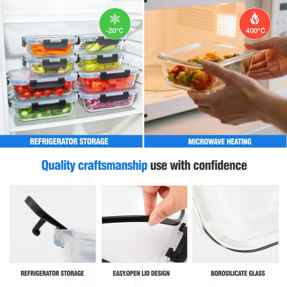 WWYH.DSS 5-Piece Set, 36 oz Glass Meal Prep Containers with Snap-Lock Lids, Airtight Lunch Containers, Microwave, Oven, Refrigerator & Dishwasher Safe,Black