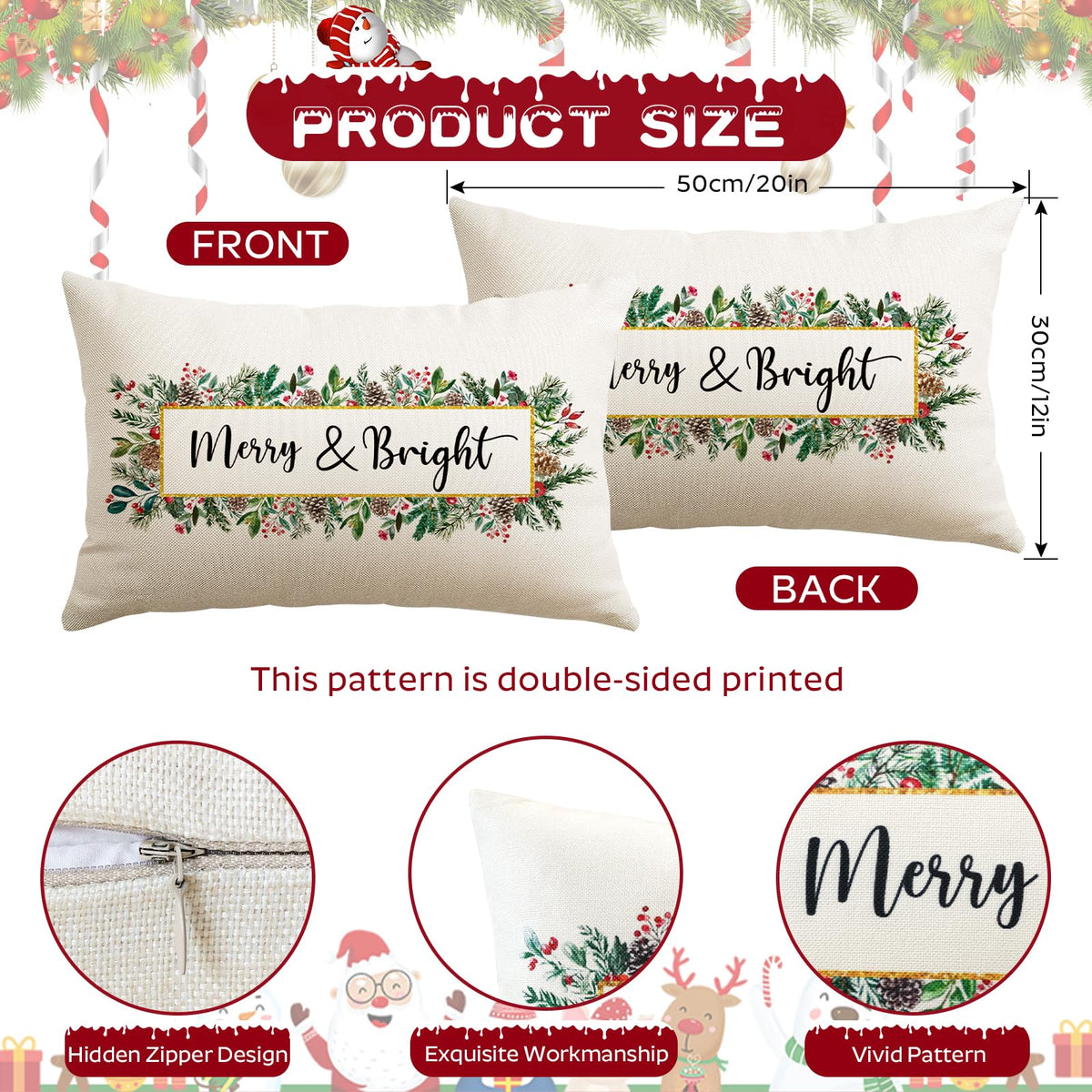 OTOSTAR Merry Bright Christmas Decor Pillow Cover 12x20 Inch Lumbar Decorative Throw Pillow Case Eucalyptus Mistletoe Winter Holiday Rectangle Cushion Cover for Couch Bed Sofa Decor (Merry & Bright)