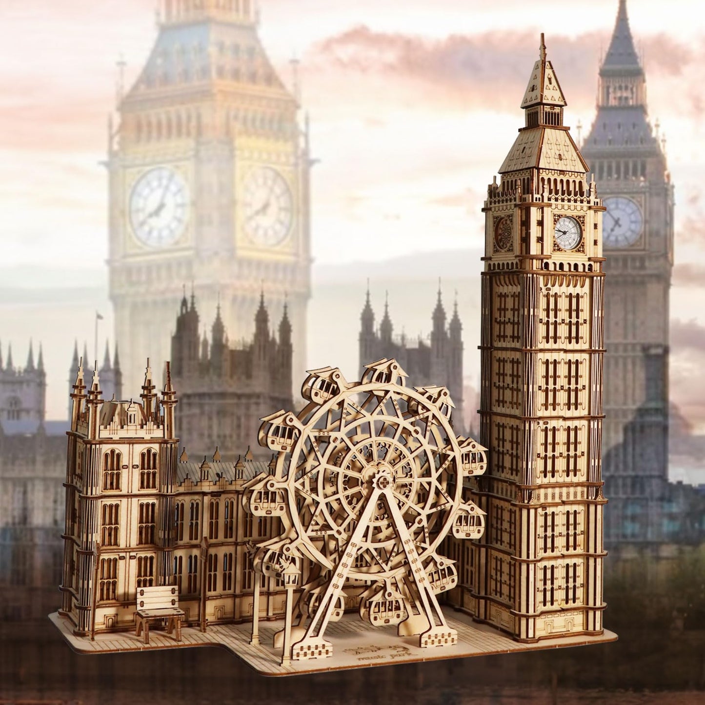 Music Park 3D Wooden Puzzles Big Ben Mechanical Real Clock with Night Light DIY Model Building Kits for Adults to Build Ferris Wheel Hobbies and Birthday Valentine's Day Gifts Home Decoration