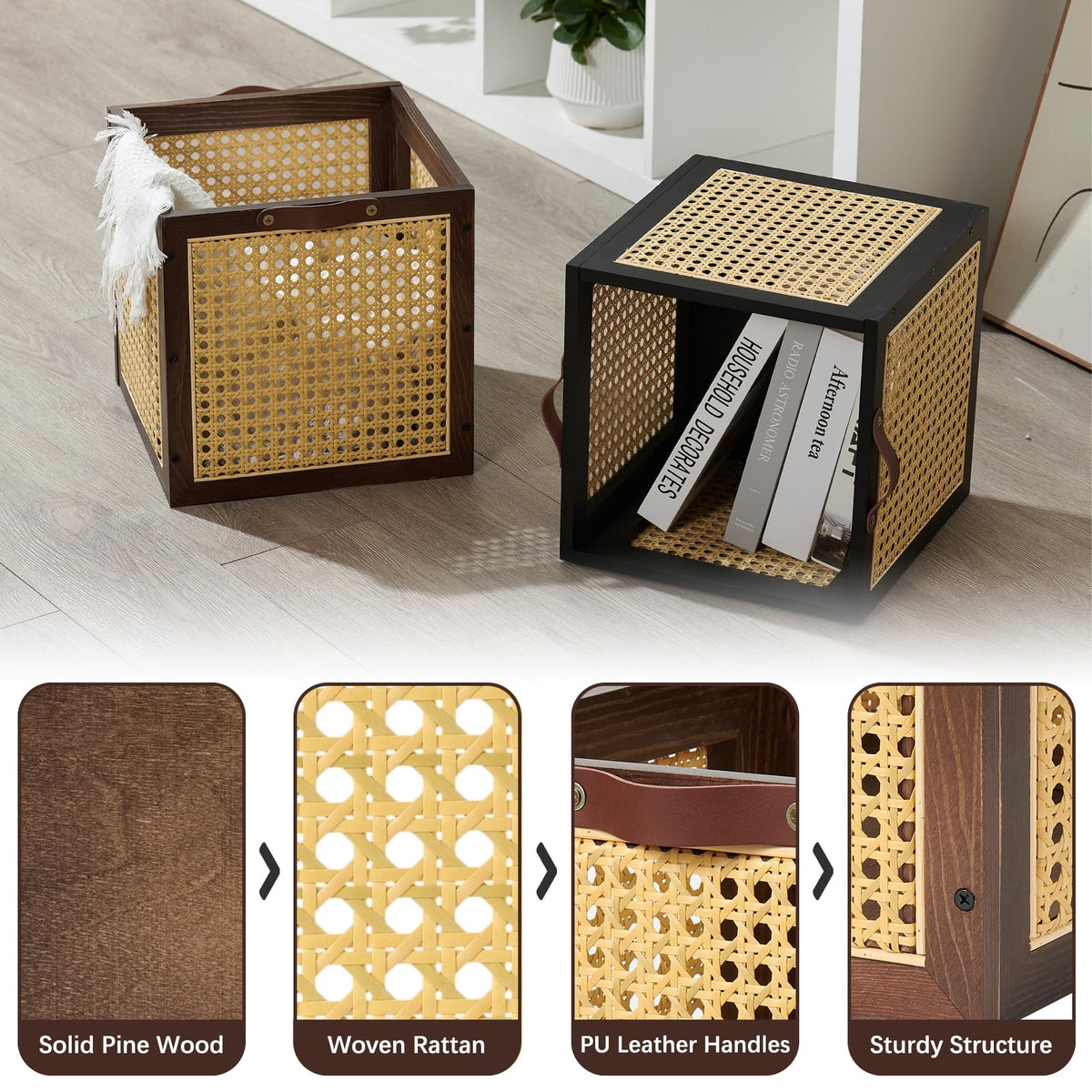 VinneGenzz 2PCS Rattan Storage Cubes Wooden Storage Baskets Boxes Decorative Natural Handmade Bohemian Solid Wood Woven Wicker Cane Bin Closet Shelf Clothes Organizer Books Magazine Holder (Walnut)