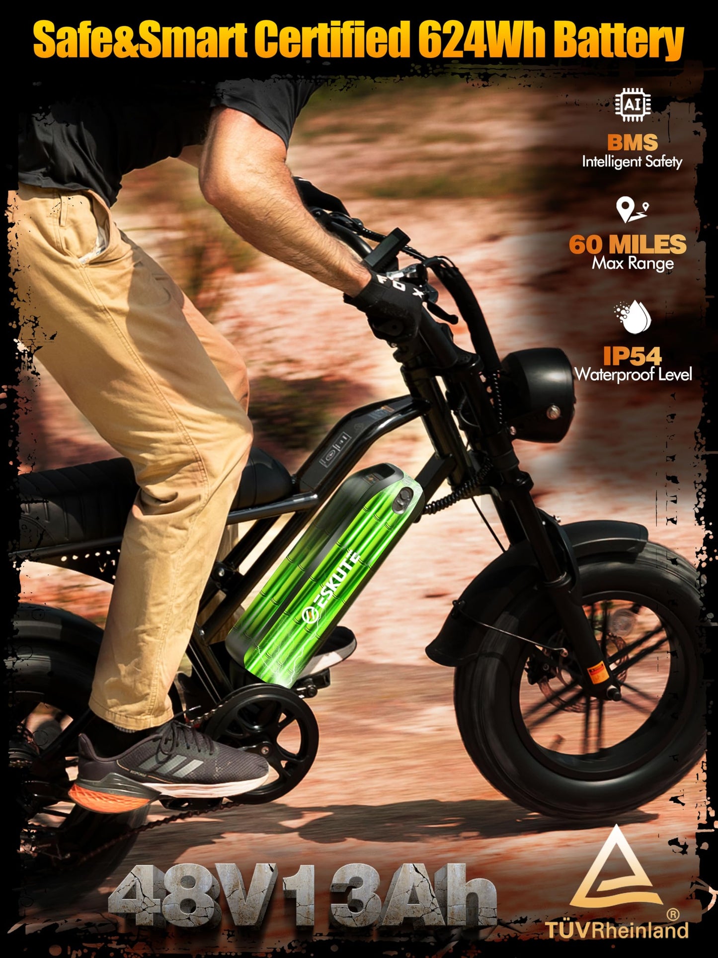 ESKUTE V100 Electric Bike for Adults, Electric Dirt Bike 1500W Peak Motor, All Terrain Dual Suspension E Bike 20+MPH Top Speed, Ebike Up to 60 Miles Range, 16" Fat Tire, 48V13Ah Battery, 7-Speed,BKOR