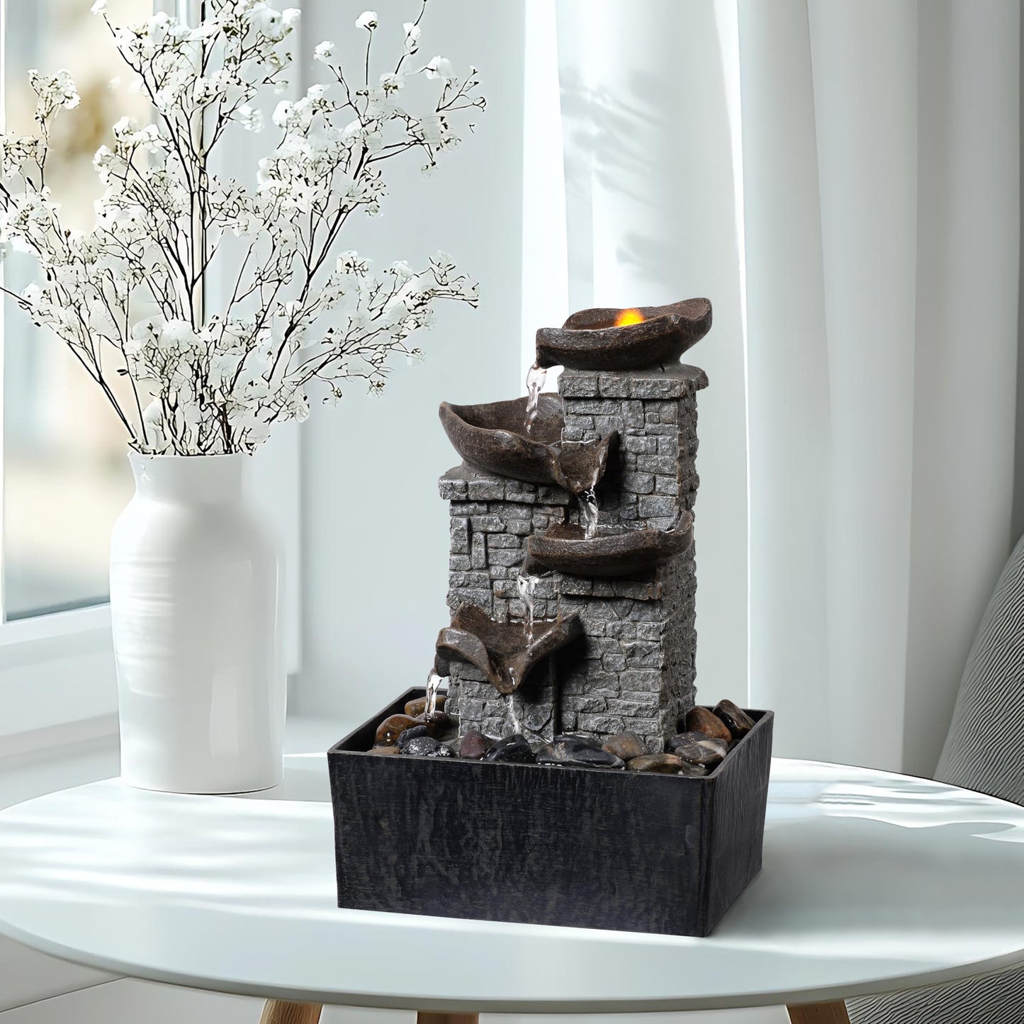 MAOCHI Tabletop Indoor Water Fountain Cascading with 3-Tier Bowl Brick Wall Design with LED Light Tabletop Zen Decor