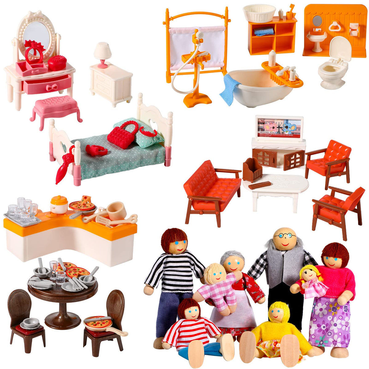 HyDren 83 Pcs Wooden Plastic Dollhouse Furniture Set with 8 Flexible Dolls for 5 Rooms Kits Kitchen Dining Living Room Bedroom Bathroom Modern Dollhouse Accessories and Furniture Toys for Girl Boy