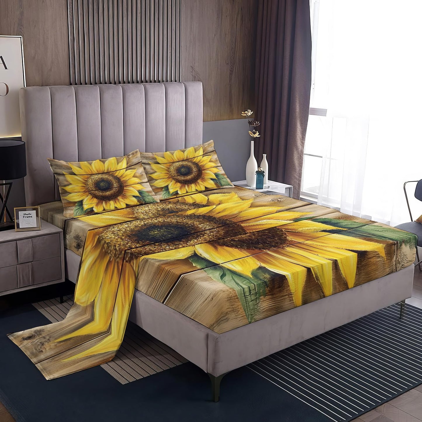 NOGAWA Sunflower Sheets Queen, Yellow Floral Bed Sheets, Rustic Wood Bedding Sheets, Soft Microfiber Deep Pocket Fitted Sheet, Flat Sheet, 2 Pillowcases